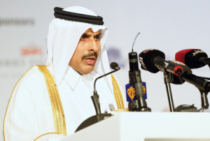 H.E.Sheikh Abdullah bin Saud Al Thani, Governor of Qatar Central Bank, talks during the Euromoney Qatar Conference in Doha December 10, 2013. The conference will be held from December 10 to 11. REUTERS/Mohammed Dabbous (QATAR - Tags: POLITICS BUSINESS) - RTX16BZ7